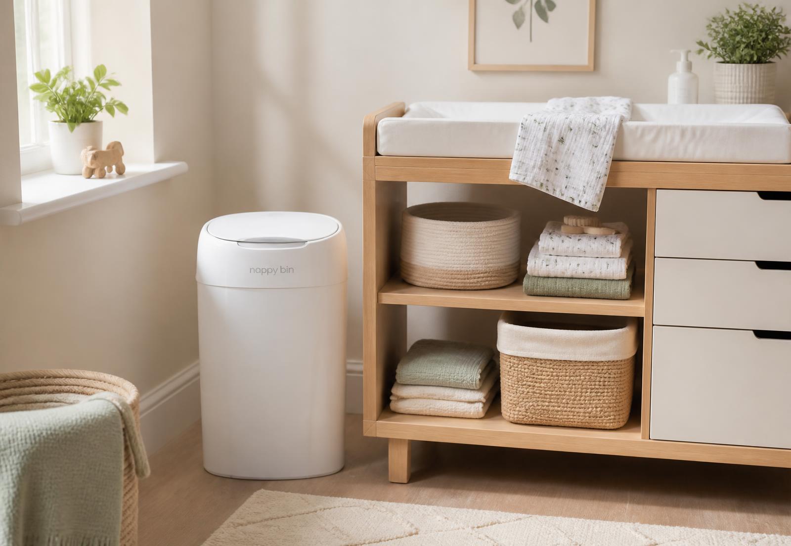 Bright modern nursery with a nappy bin beside a clean changing table